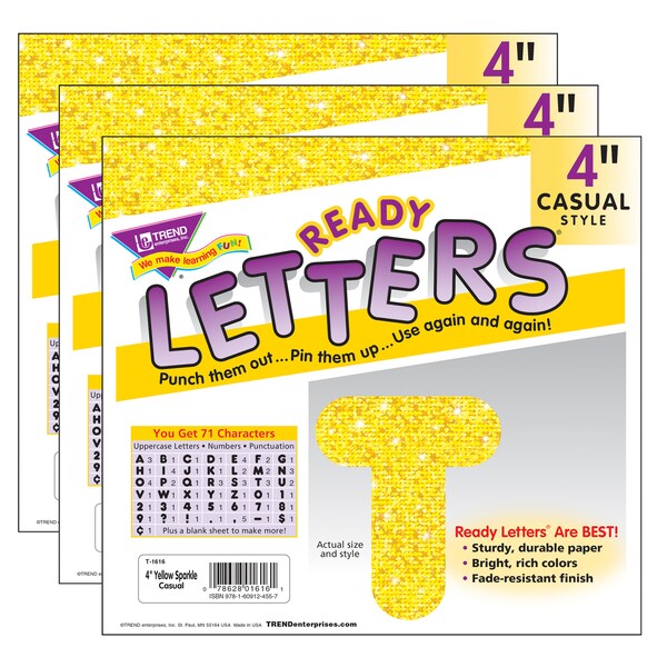 Trend Enterprises Yellow Sparkle 4 Casual Uppercase Ready Letters, 71 Per Pack, PK3 T1616 - main